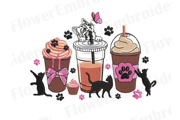 Cats and Coffee Cups Embroidery Design